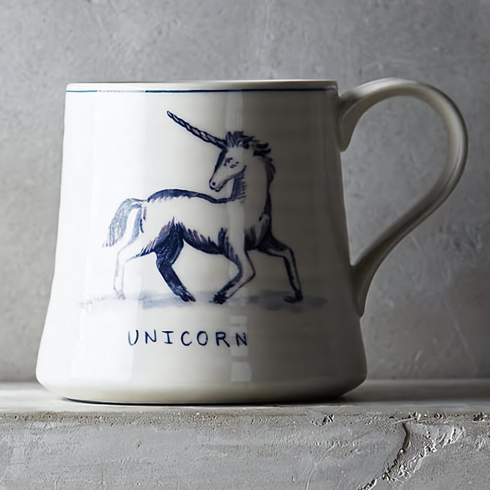 ANTHROPOLOGIE | Molly Hatch Unicorn Icon Mug Stoneware Blue White EUC